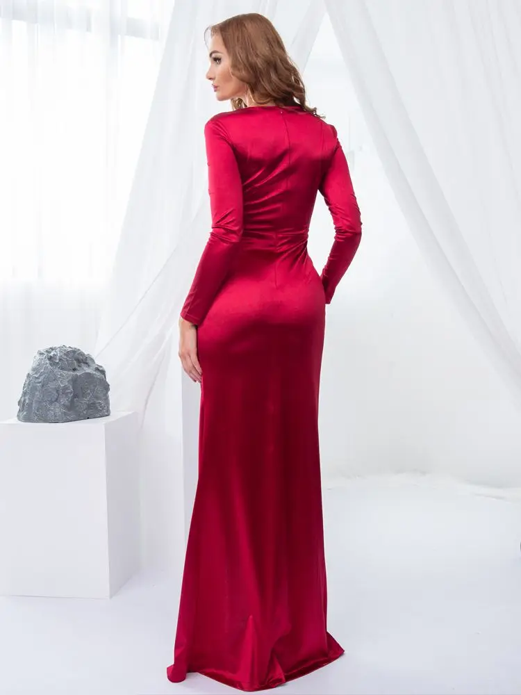 Romagic Burgundy Dresses Knot Ruched V Neck Long Sleeves Summer Cocktail Prom Stretchy High Split Wedding Evening Party Dress