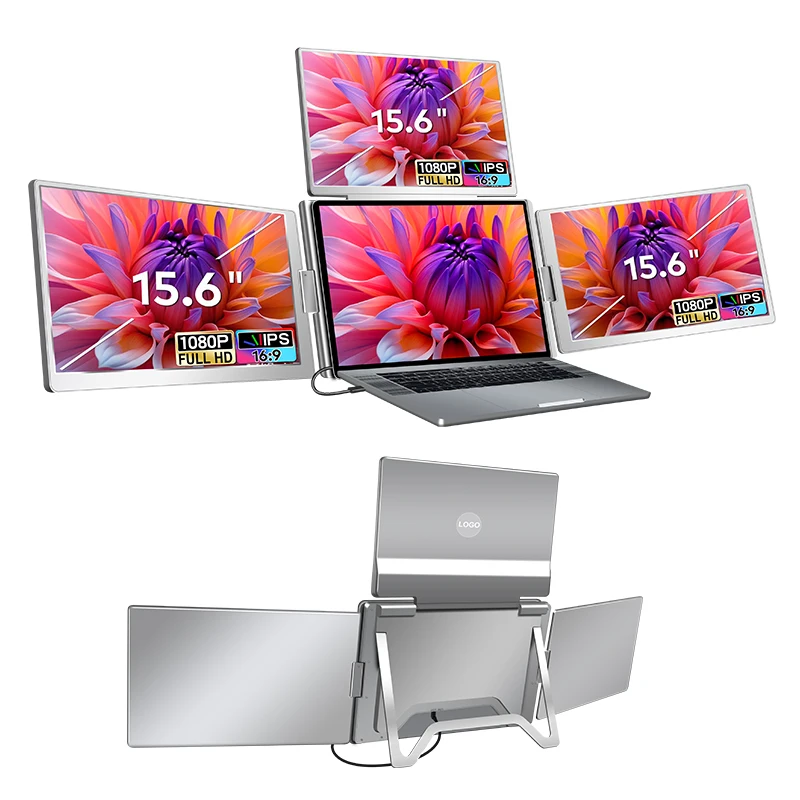 SRGB 100% FHD IPS Panel with 360° Rotation Mental Stand Mobile Workstation Portable Tri Screen LCD Monitor