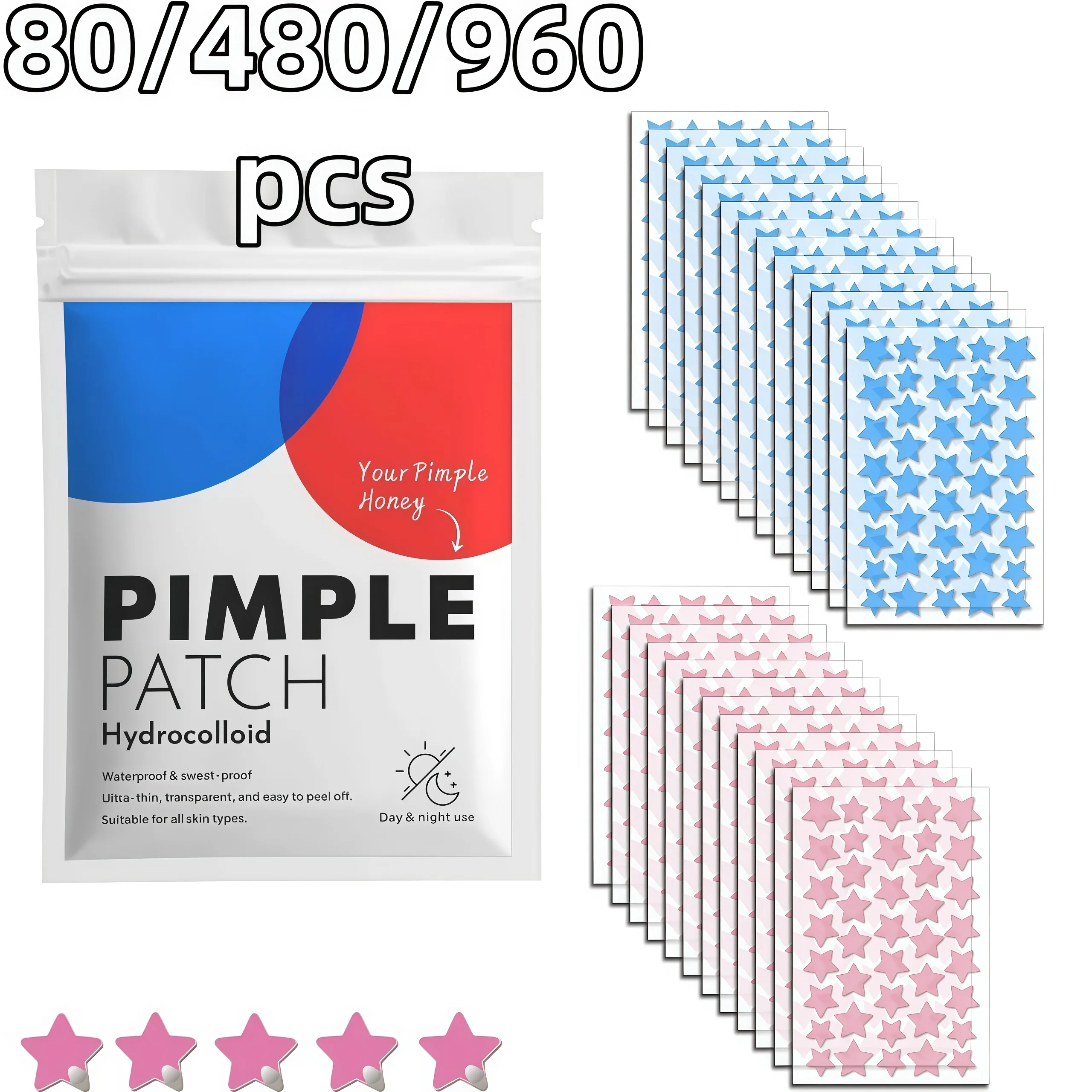 80/480/960pcs Red Blue Star Hydrocolloid Patches, Contrast Color Invisible Spot Covers