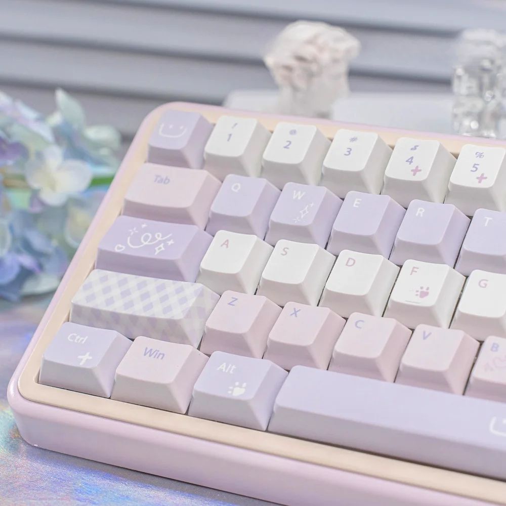 Girl Gift Endless Love Keycaps 130 Keys, Purple PBT Shine-Through, Romantic Theme, Compatible with 61/64/68/75/108 MX Keyboard