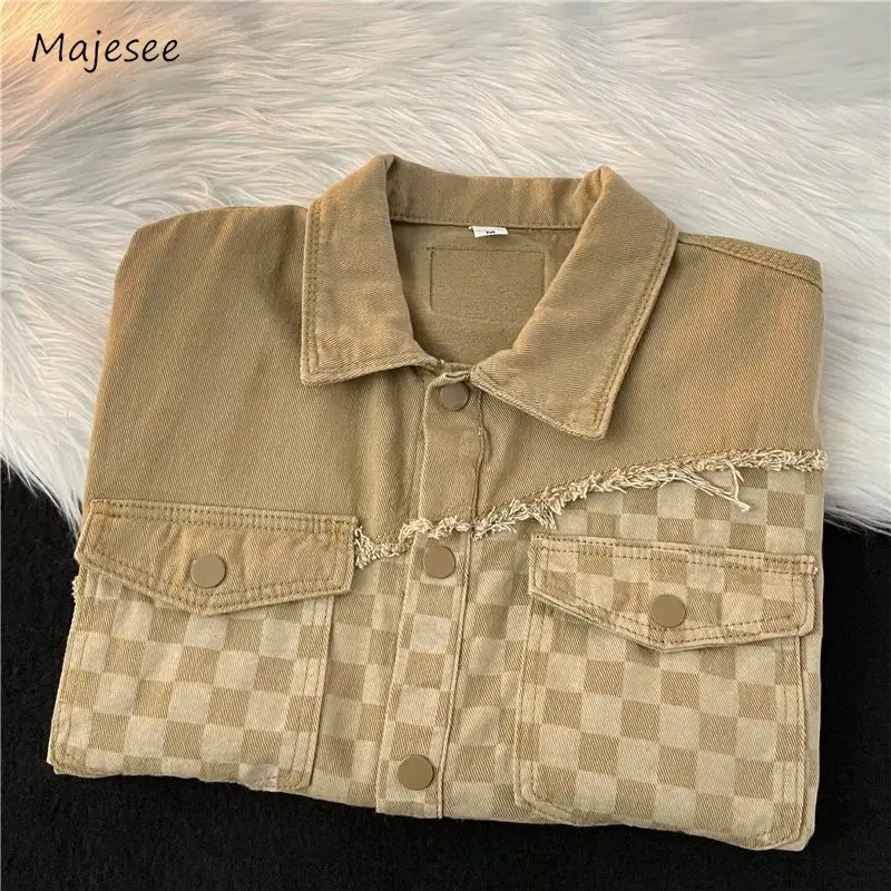 Vests Men Casual Loose Spliced Pocket Plaid Autumn Raw Edge Turn Down Collar Streetwear Japanese Style Teenagers All-match Chic