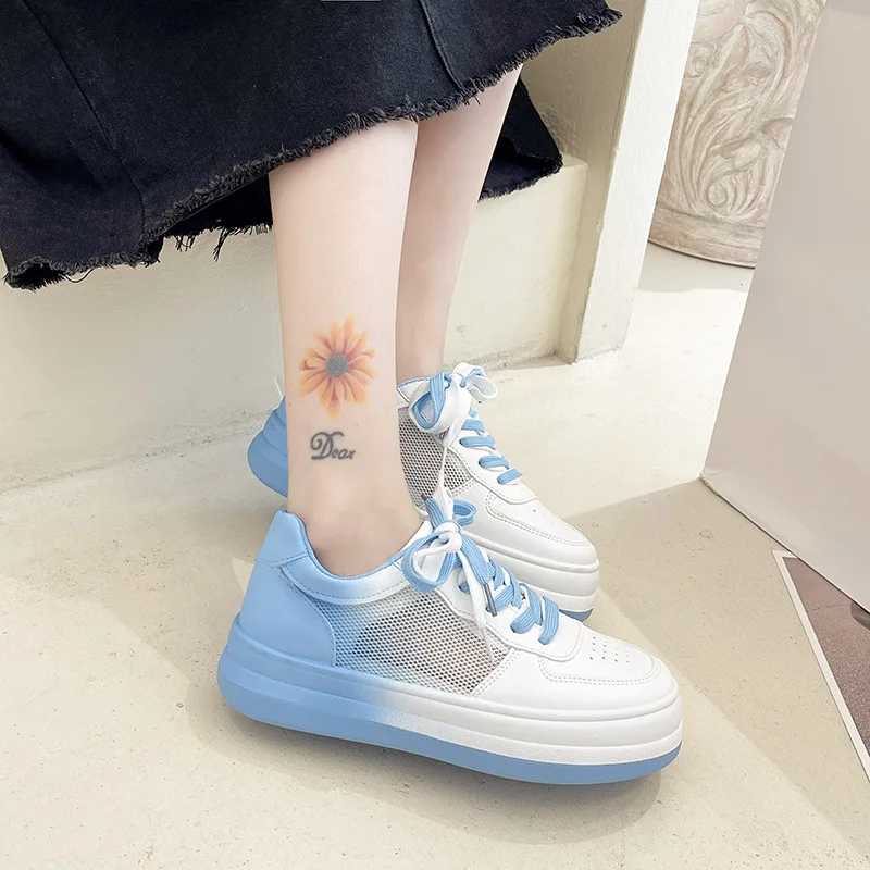 Girl's New gradient mesh breathable board shoes small white shoes with women's shoes summer thick sole casual shoes