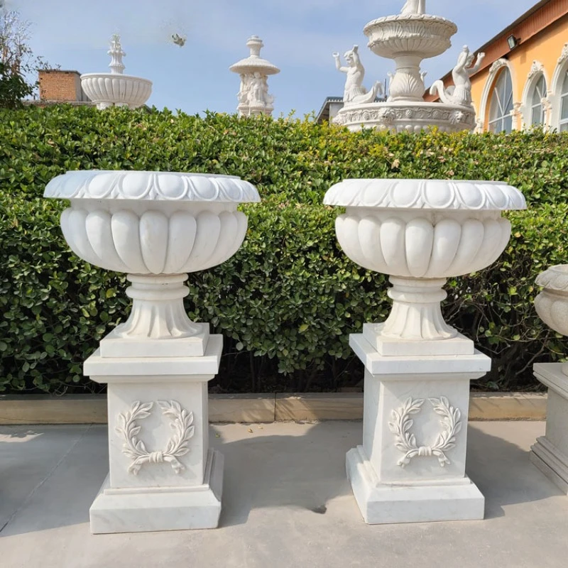 Outdoor Large Natural Stone White Marble Planter Round Flowerpot For Garden Classical Vase