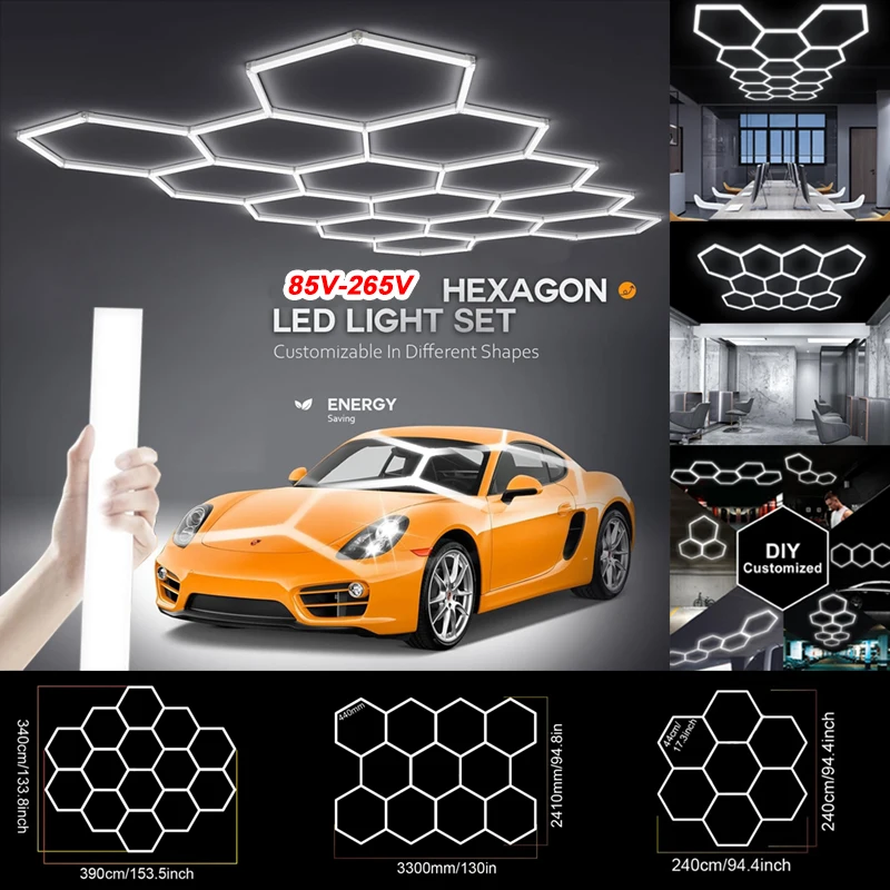 

85V-265V Honeycomb Led Tube Lighting DIY Customized Led Ceiling Light Salon Gym Hexagon Garage Light for Car Wash Decoration