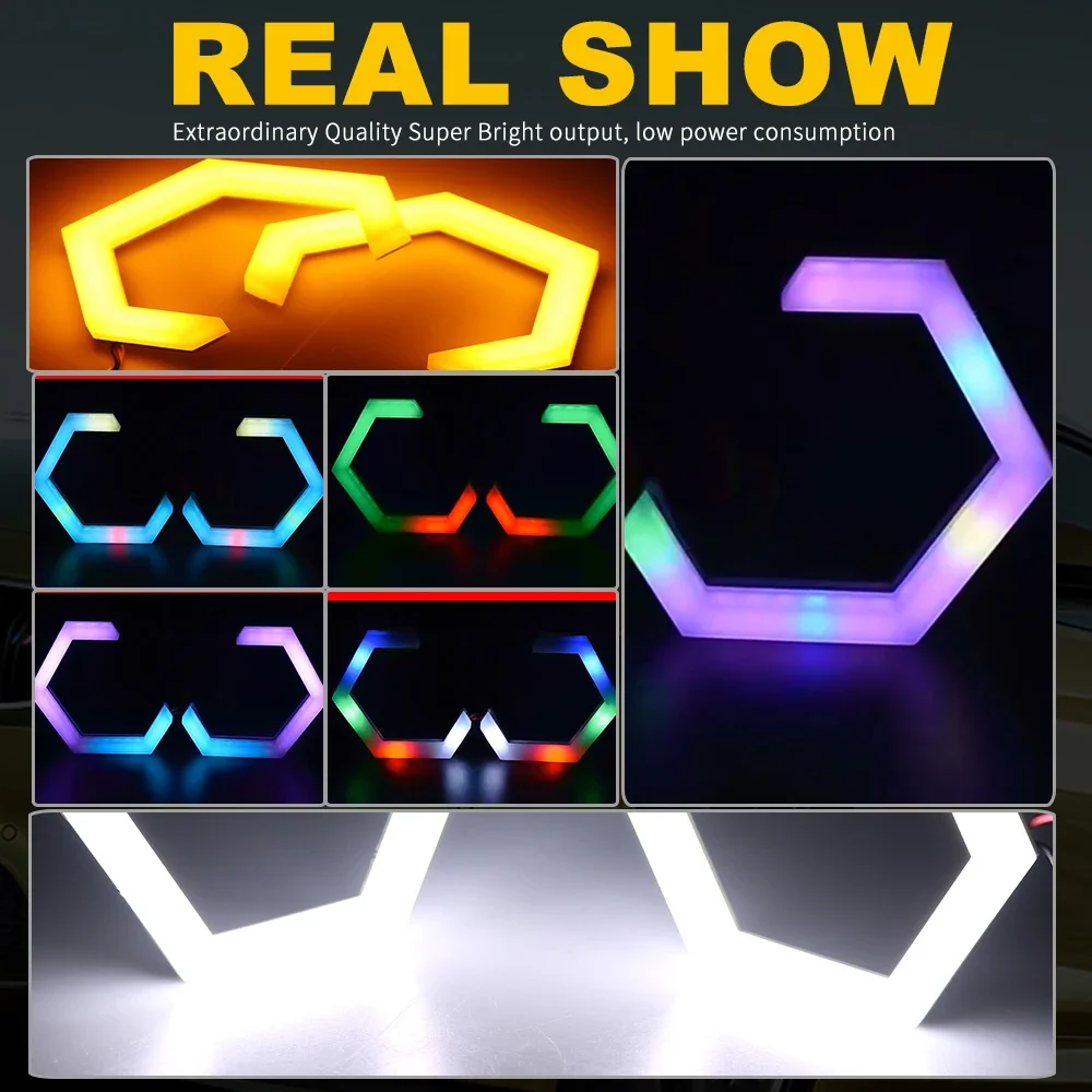 2PCS 12V/24V RGB APP Control Hexagon Angel Eyes Halo Rings Retrofit Headlight Car Motorcycle White DRL+Amber Turn Signal Light
