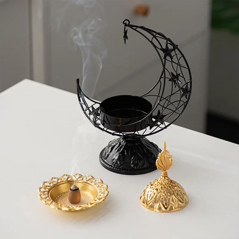 Queimador de incenso de mão do Oriente Médio, queimador de incenso, metal, preto, ouro, sala de estar, desktop, aromaterapia, árabe