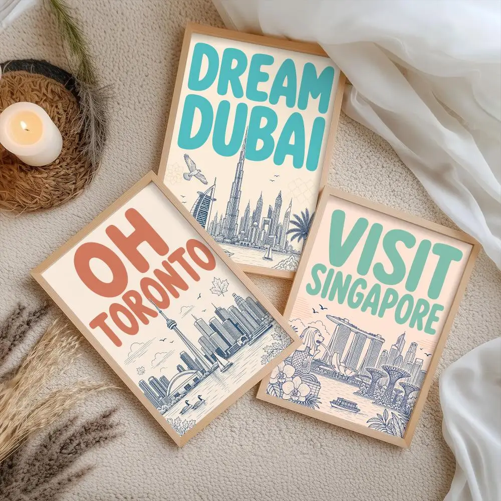Vintage City Travel Poster Stickers Painting Self-Adhesive Mural HD Wall Decals for Bedroom Living Room Home Decor Gift