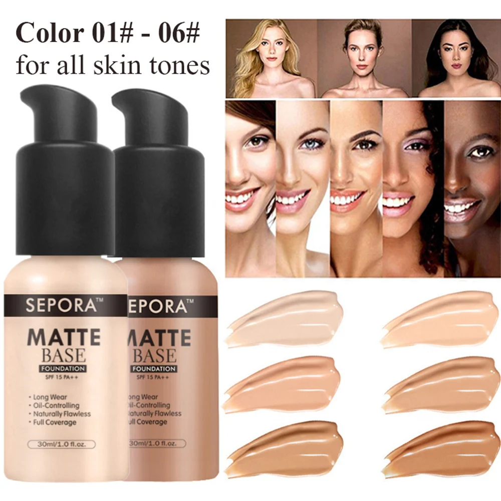 30ml SEPORA 6 Colors Matte Liquid Foundation Oil Control Waterproof Full Coverage Facial Natural Concealer Base Makeup Cosmetics