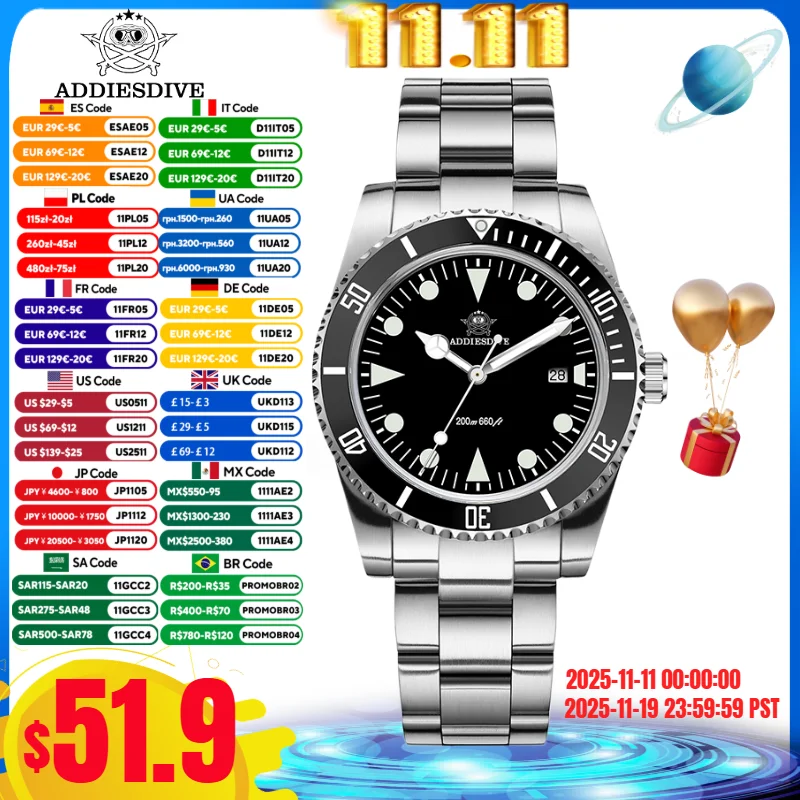 Addiesdive AD2068 39 مللي متر ساعة رياضية رجالية إطار سيراميك BGW9 أزرق مضيء 20Bar تاريخ الغوص 316L ساعات كوارتز من الفولاذ المقاوم للصدأ