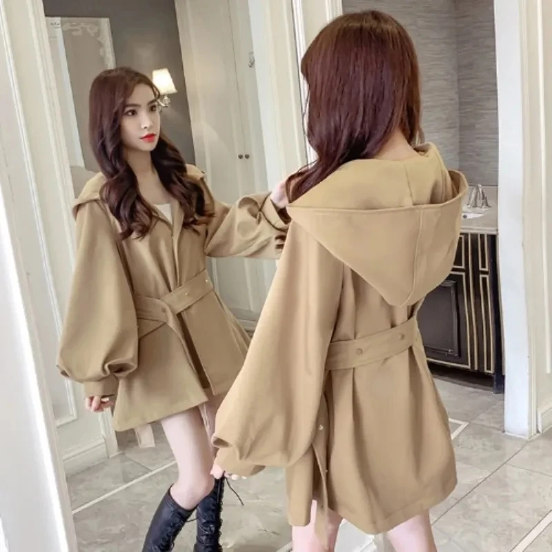 Trench coat feminino 2025 primavera outono moda all-match hepburn blusão jaqueta feminina com capuz cintura lanterna manga outerwear