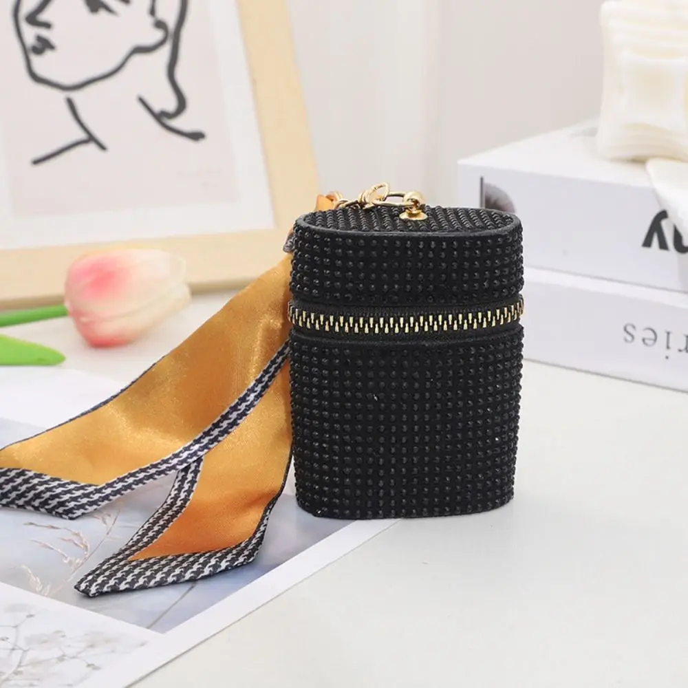 Portable Fashion Lipstick Bag With Silk Scarf Bucket Shaped Lip Gloss Storage Bag Creative Shiny Keychain Gift
