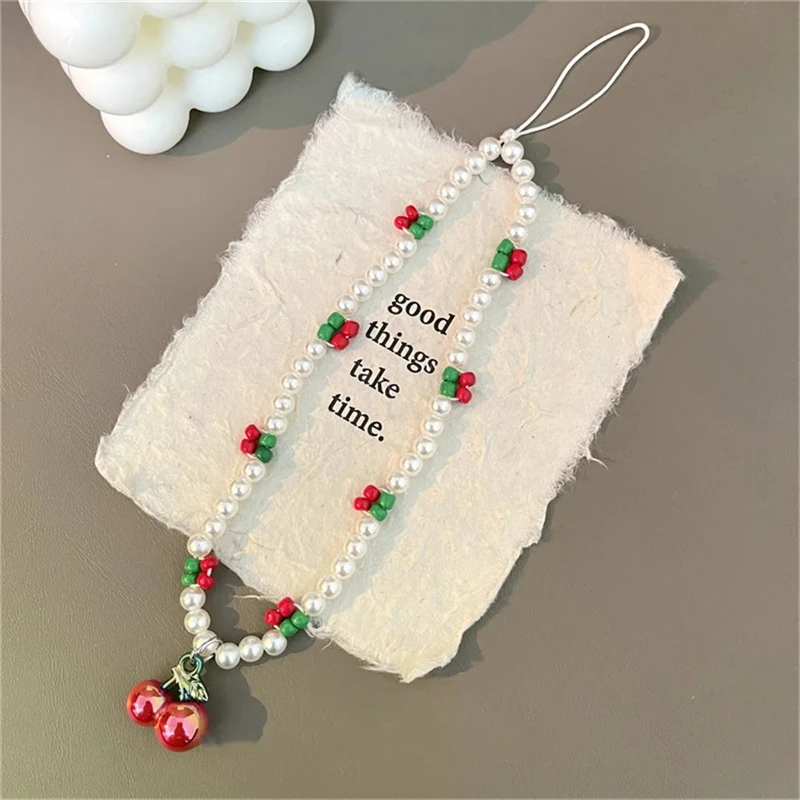 Korean Cute 3D Cherry Pearl Beads Beaded Phone Chain For iPhone Samsung Camera Hanging Rope Anti-Lost Lanyard Hanging Jewelry