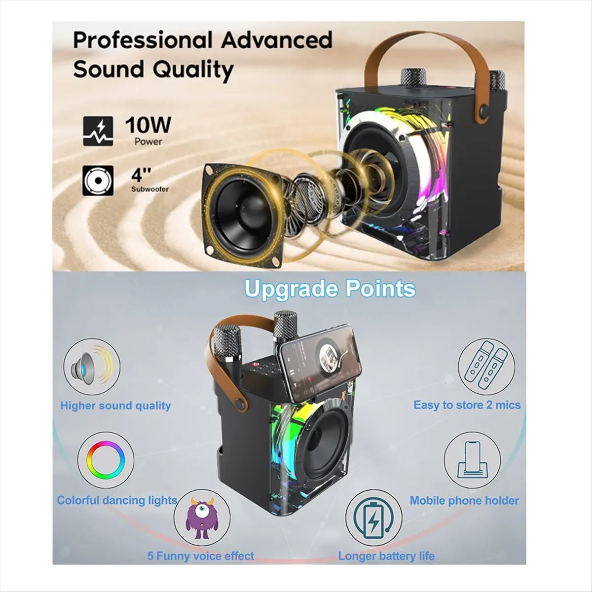 

BaoBao-высокомощный караоке Bluetooth-динамик Музыкальный ритм-свет Стерео объемный беспроводной сабвуфер с двойным микрофоном Розовый