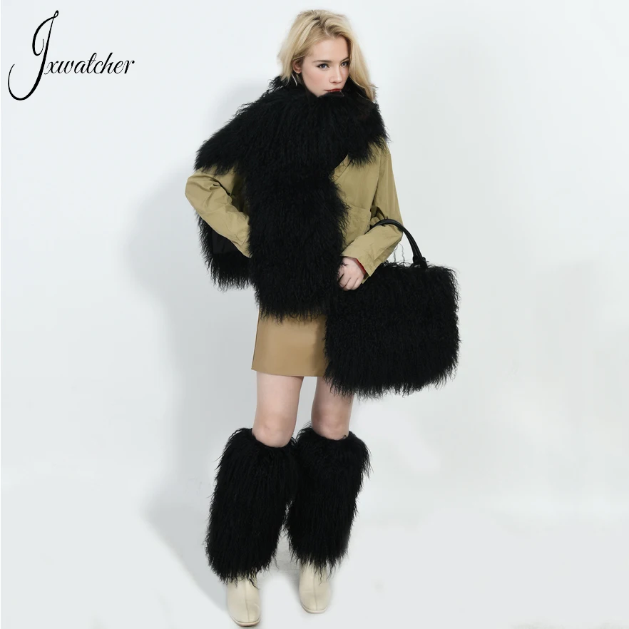 

Jxwatcher Real Fur Leg Warmers Y2K Punk Winter Warm Mongolian Sheep Fur Leggings Boots Cover Lolita Harajuku Party Leg Socks