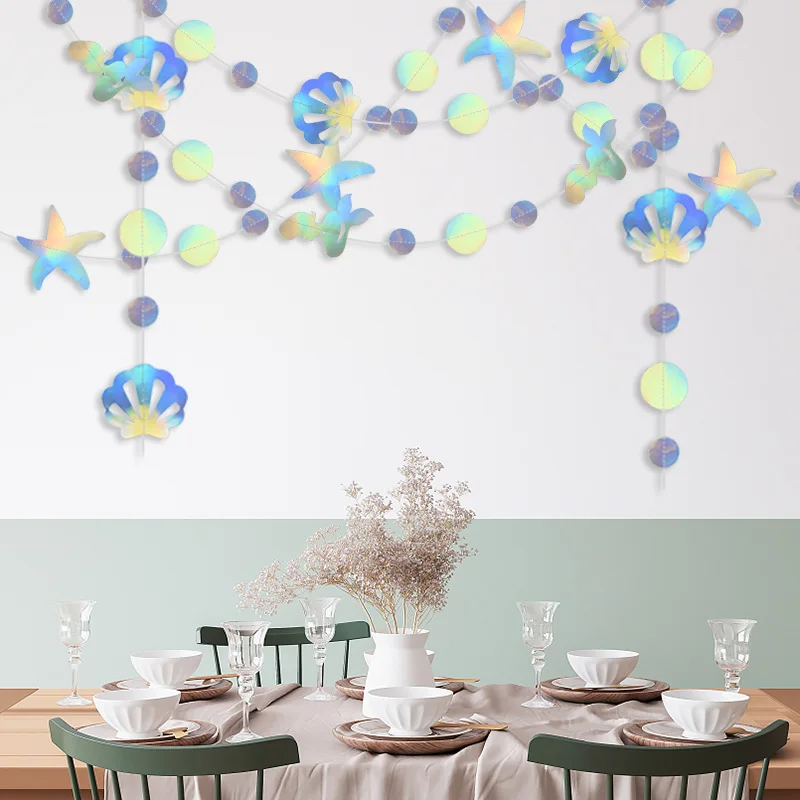 虹色の人魚のバナー、クラゲ貝殻ヒトデホログラフィックハンギングガーランド、海洋動物、誕生日パーティーの装飾、4.2m