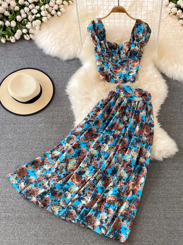 Women Summer Retro Floral Print Skirt Set Sexy Sleeveless Short Strap Tops & High Waist Pleated Skirt Two Piece Suits