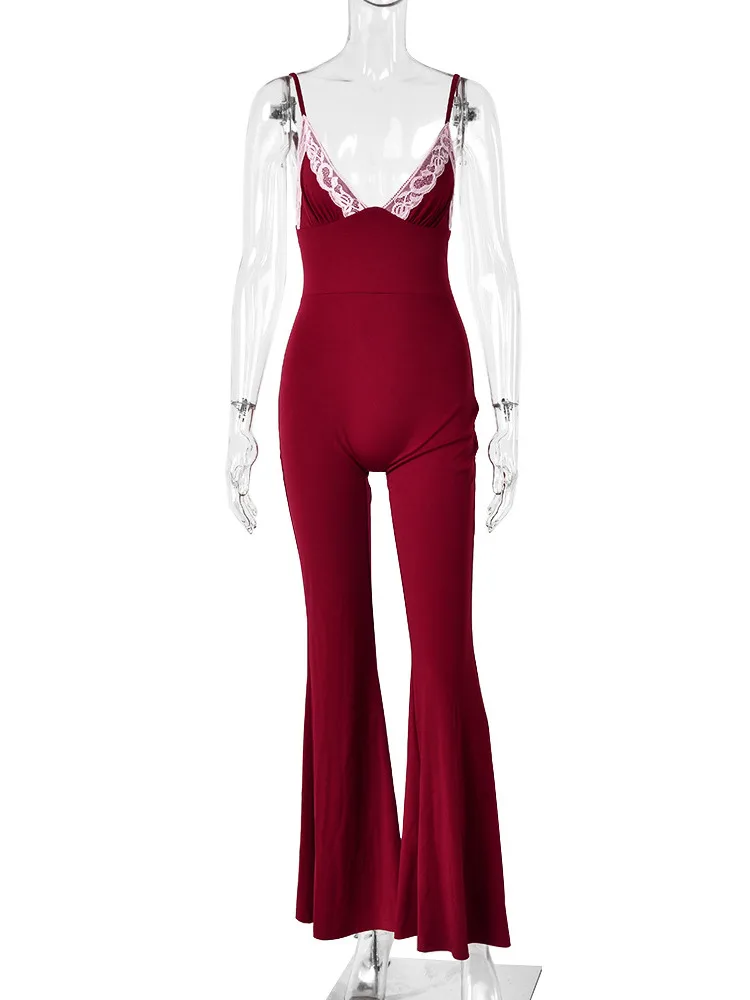 Sibybo Sexy Spaghetti Strap Women Jumpsuits Autumn Lace Patchwork Backless Bodycon Flared Jumpsuit Streetwear Lady Party Outfits