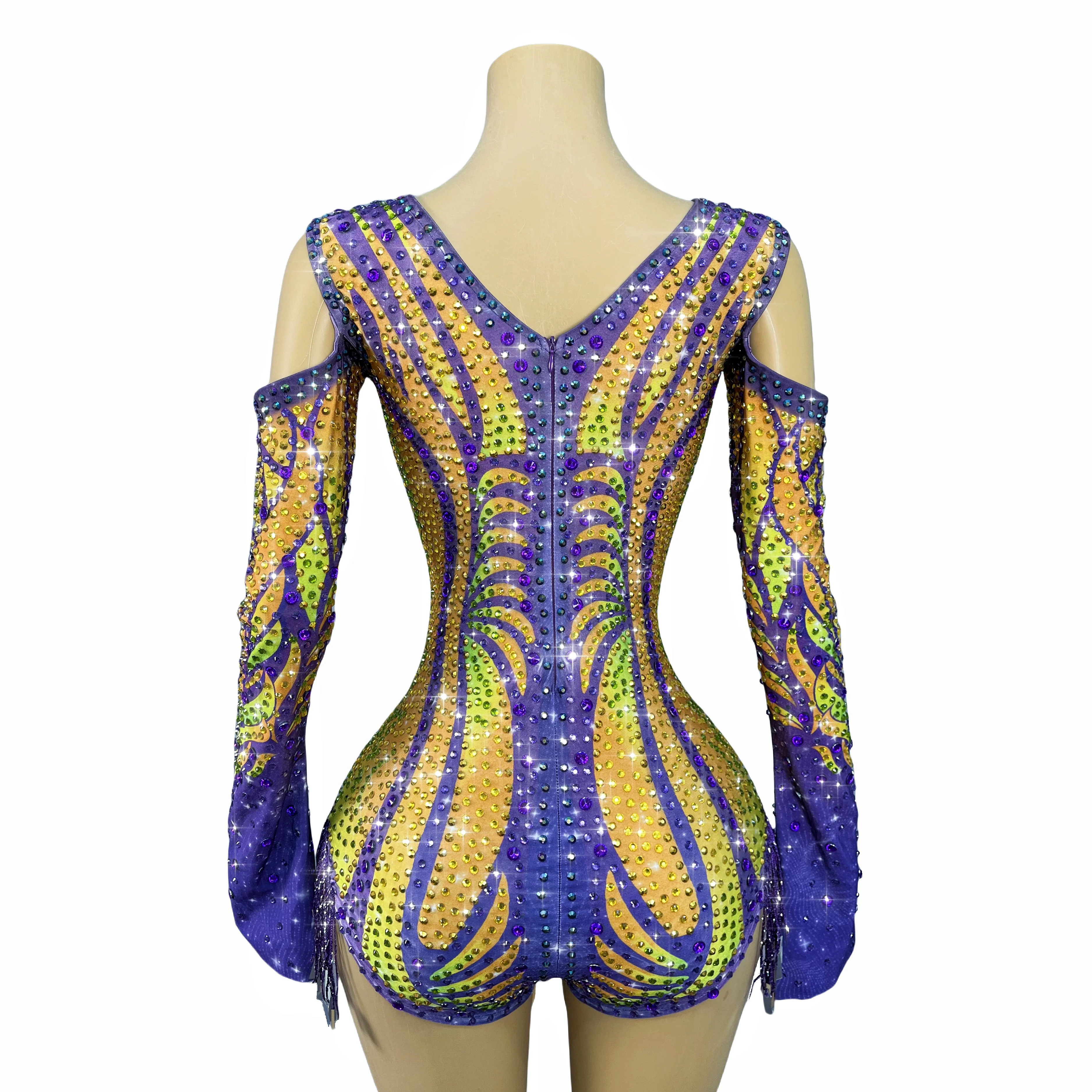 Moda hecha a mano brillante diamantes de imitación borlas fuera del hombro horquillas altas mujeres fiesta desfile de moda traje de escenario de baile Zijinju