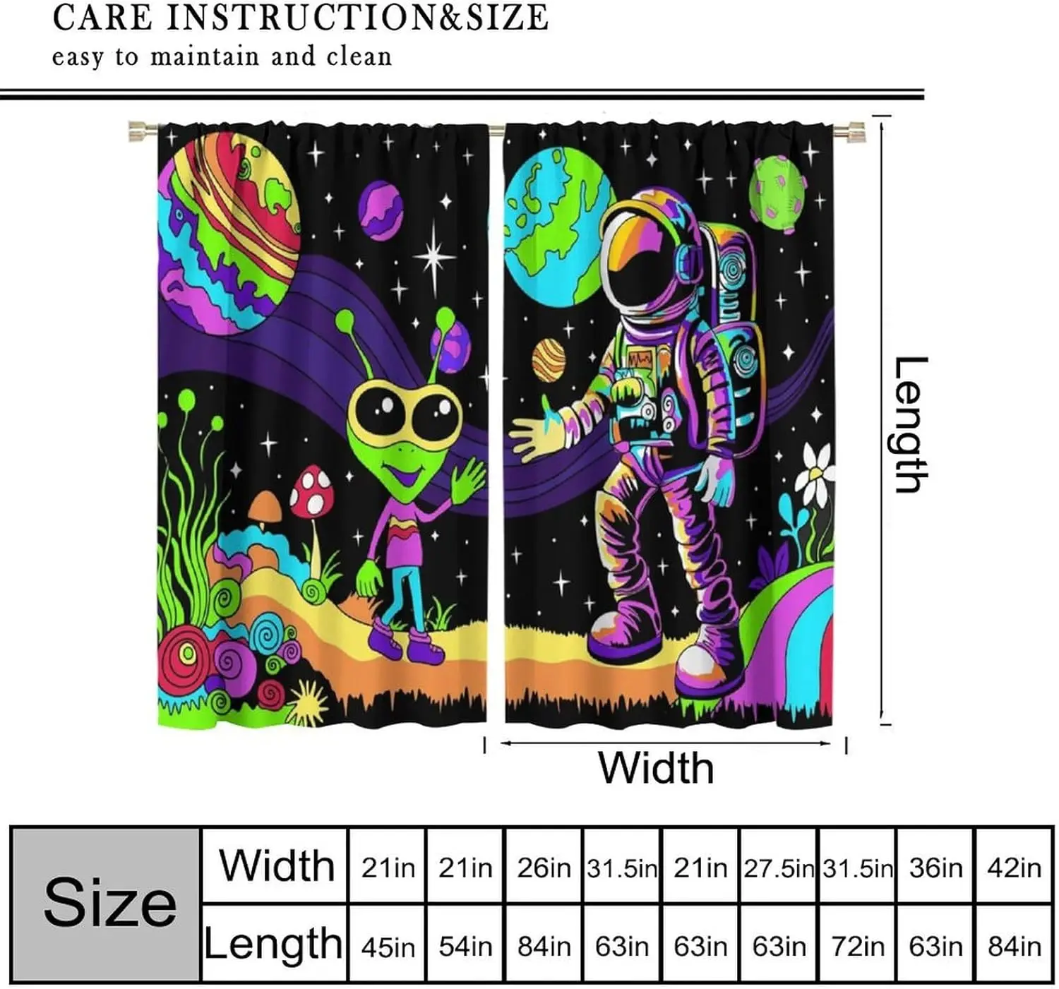 Cartoon Alien Curtains Colorful Alien Astronaut Meeting Space Exploring Window Treatments, Rod Pocket Thermal Insulated 2 Panel