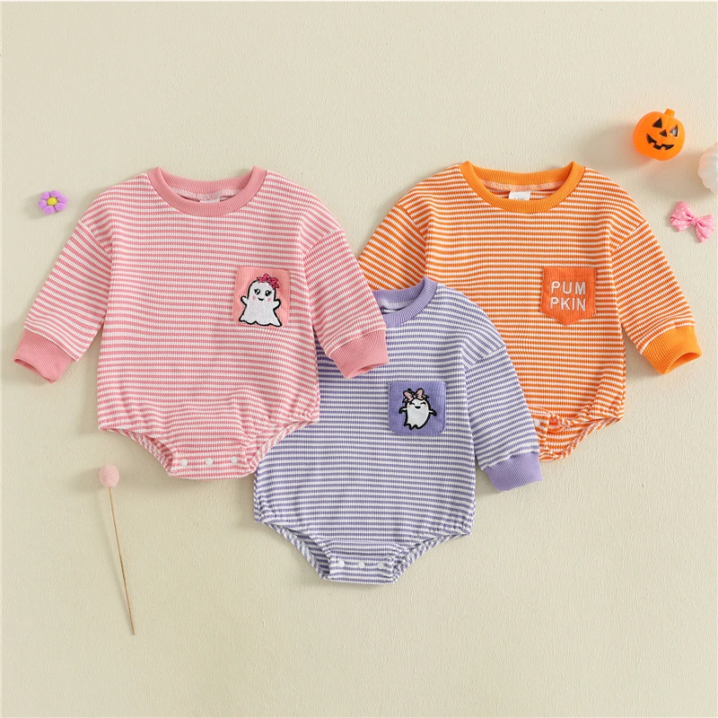 Autumn Fashion Newborn Infant Baby Girl Striped Print Jumpsuit Halloween Long Sleeve Round Neck Romper with One Pocket