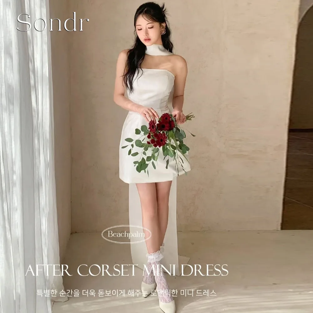 

Sondr Customized Chic Strapless Satin Short Mini Wedding Dresses 2026 New Sleeveless Long Scarf Bride Dress Beach Wedding Gown