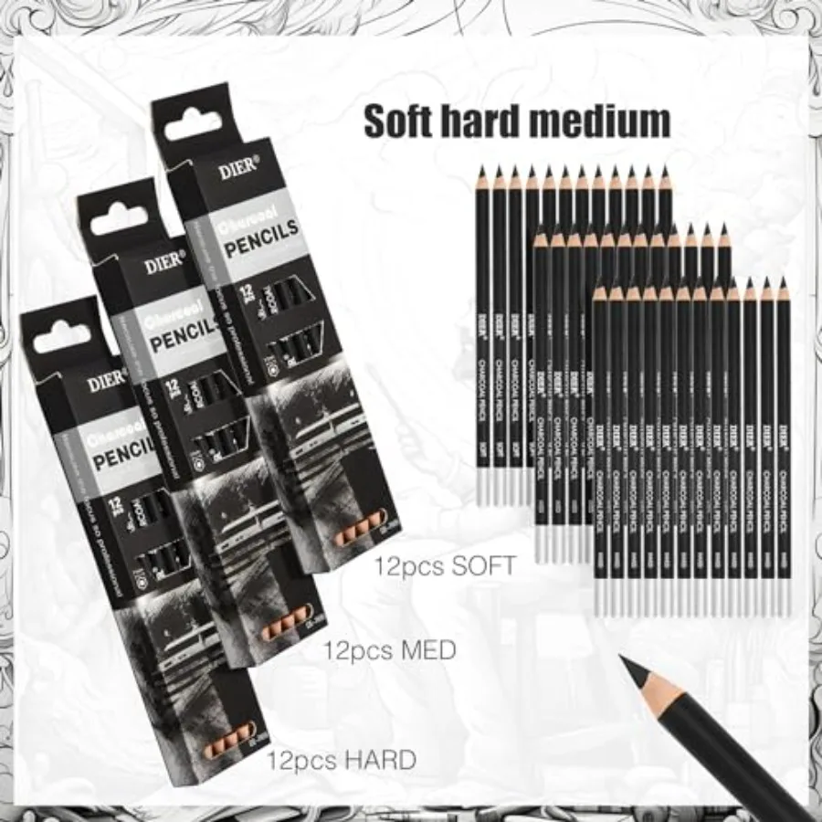 36 Pcs Professional Charcoal Pencils Bulk Classroom Set, and for Drawing Charcoal Pencils for Sketching Shading Drawing Blendin