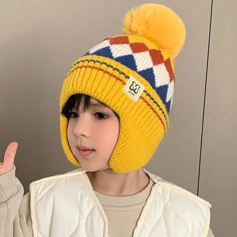 Children's Hat Autumn Winter Knitted Hat Baby Knitted Hat Thick Ear-protection Hat Boys and Girls Plus Fleece Warm Wool 2-10Y