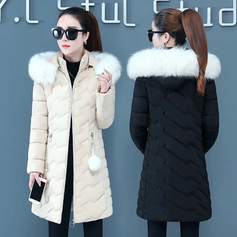 Down Cotton Coat Womens 2022 Winter New Thick Hooded Fur Collar Warm Women Padded Jacket Long Casual Fashion All-match Parkas