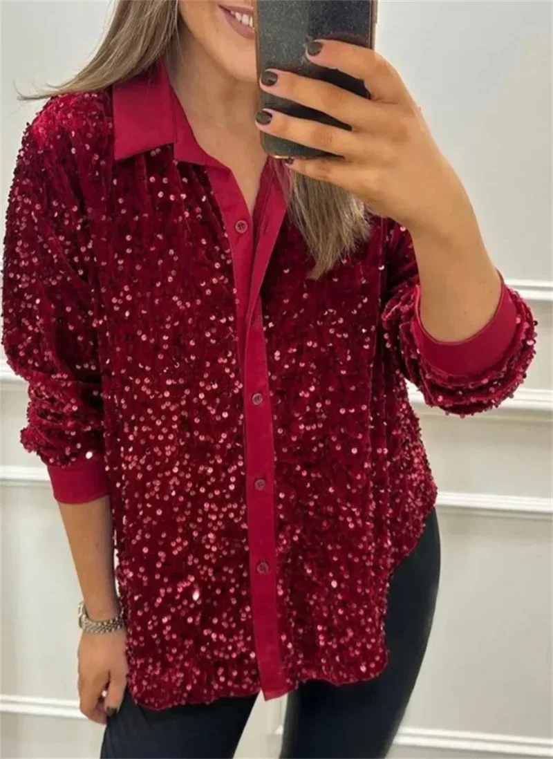 

2026 Retro Sexy Single Breasted Women's Shirt Streetwear Sequin Lapel Women's Shirt Casual Glitter Loose Long Sleeve