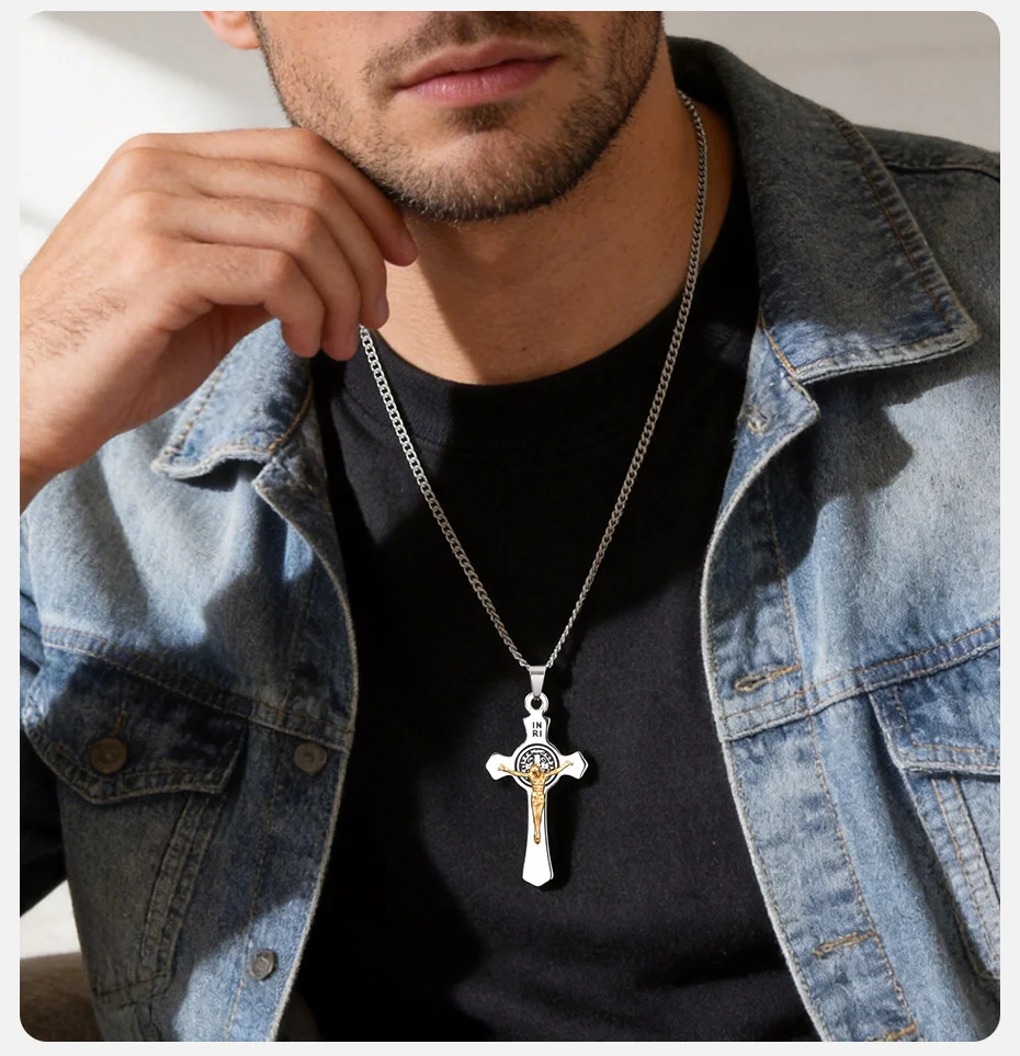 Vnox Heiliger Benedikt Katholisches Kreuz-Anhänger-Halskette für Männer und Frauen, 50/60/70cm Edelstahl-Gliederkette, Religiöser Schmuck Geschenk – Detail 3