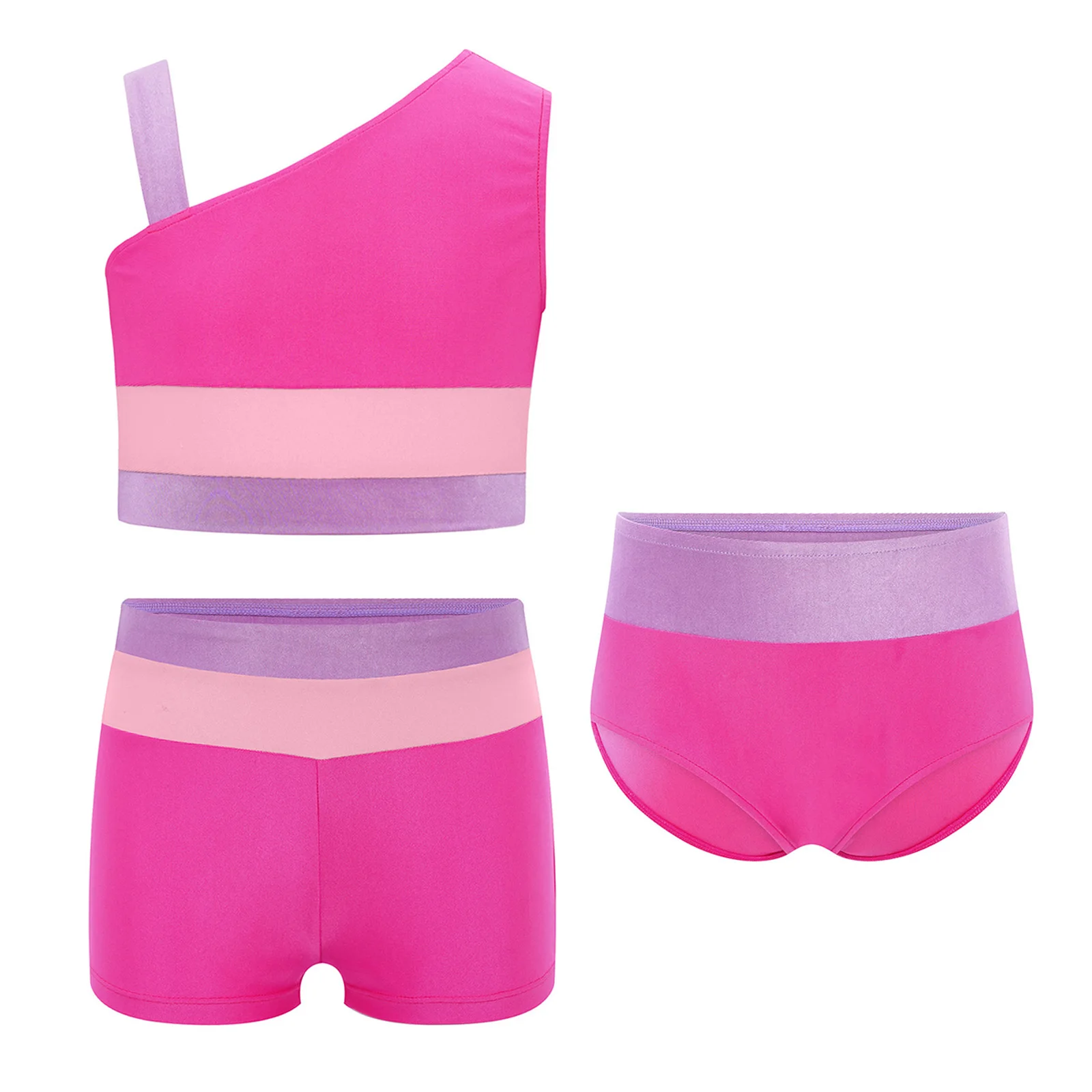 

3Pcs/Set Kids Girls Gymnastics Yoga Dance Sports Costume Sleeveless Asymmetrical Color Block Crop Top with Briefs And Shorts