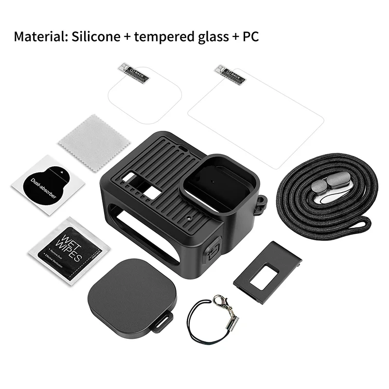 Durable and Protective Silicone Camera Case with Len Cap and Strap for GoPro Hero 2024 with Glass Screen Overlay view 5