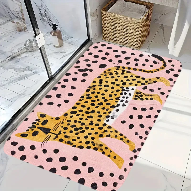 A New Spring-release Non-slip Bath Mat with Leopard Print Design, Premium Flannel Carpet, 10mm Thickness + 450g/㎡. Suitable fo