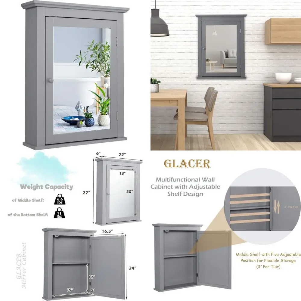 

Настенный зеркальный шкаф с регулируемой полкой и местом для хранения в ванной комнате