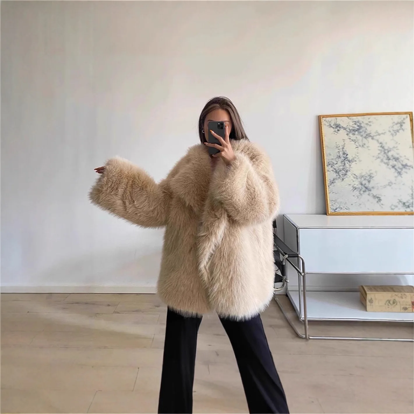 Faux Fur Coats Women Casual Fur Longline Long Sleeves Turn Down Collar Thick Warm Fur Loose Open Stitch Y2k Coat 2025 Winter