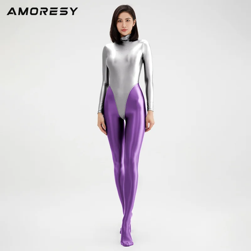 

AMORESY all in one T-shape swimsuit women's sexy tight back zipper high fork sexy shiny long sleeve Swimsuit Bottom pants