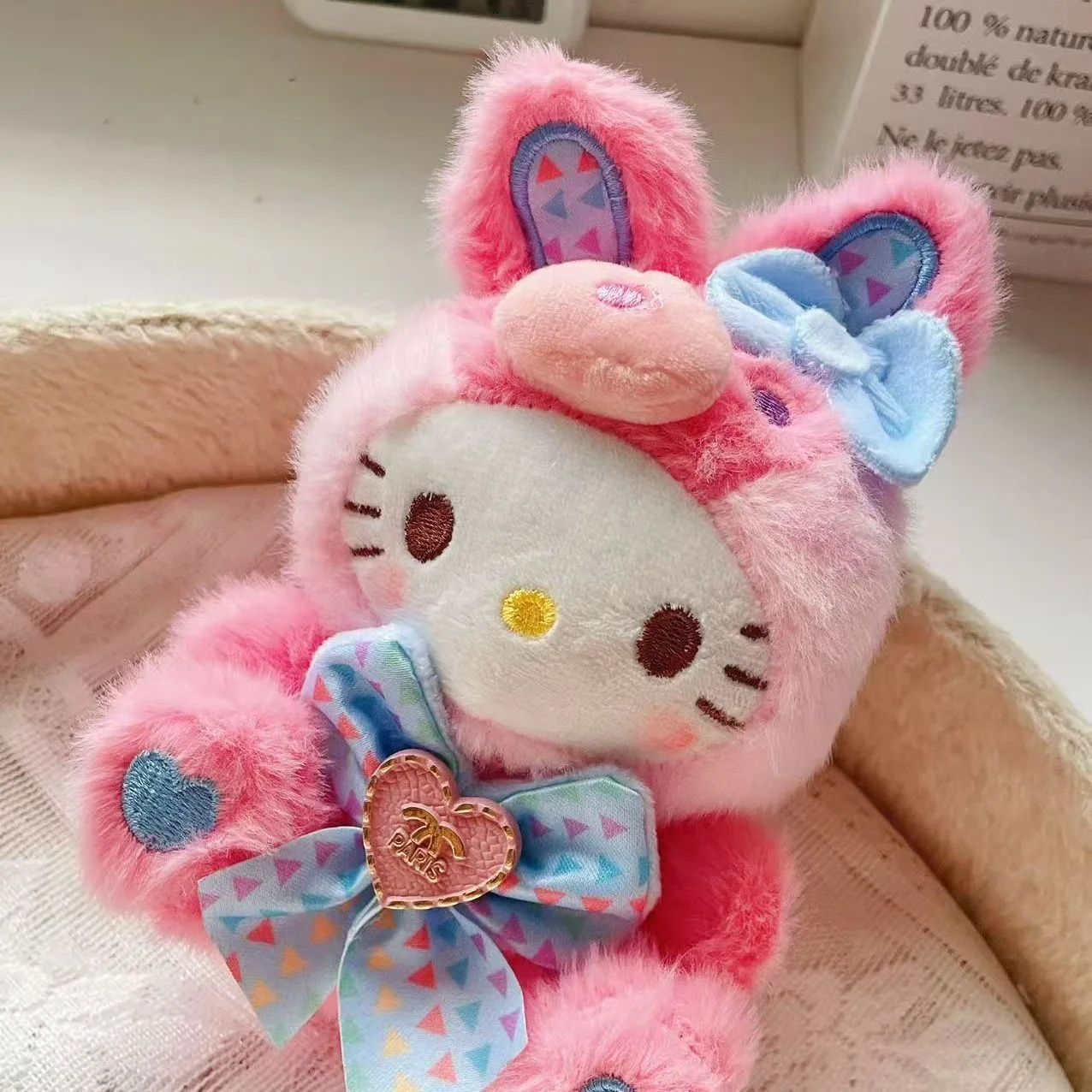 

Sanrio Hello Kitty Cinnamoroll Bowknot Cross Dressing Rabbit Ears Plush Doll Keychain Girl Backpack Decoration Easter Gift Toy