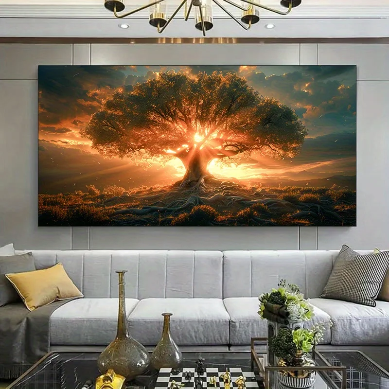 

1pc Unframed Modern Life Tree Canvas Art Print - Vibrant Sunset Landscape with Majestic Tree, Canvas Art Print, Wall Decor