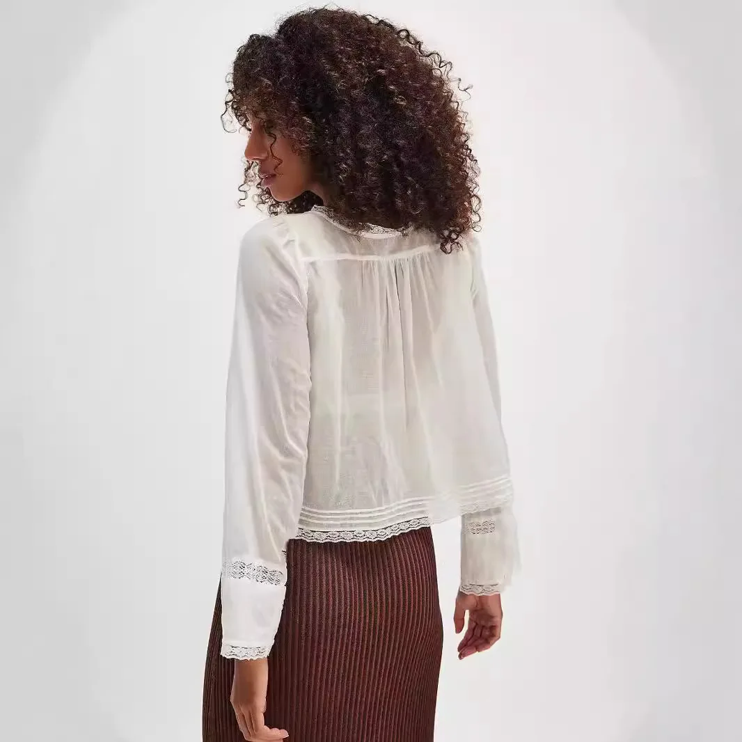Damen-Bluse im französischen Nischenstil mit U-Ausschnitt, Spitze, kurzer Länge, vorne gebunden, ausgestellte lange Ärmel, Vintage, leicht, lässig – Detail 14