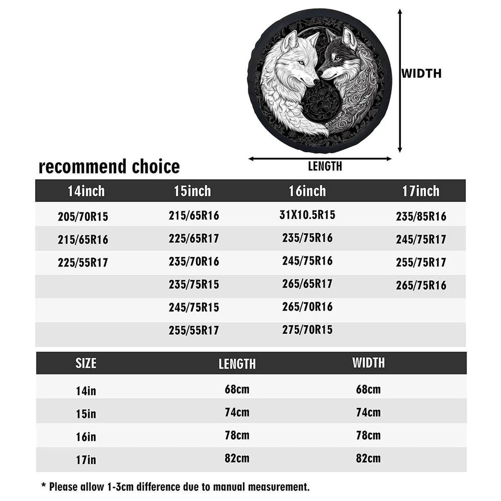 Wolf Yin Yang Tire Cover Wheel - Fit For Cars, Black/White/Gray Wheel Hub Caps - Chinese Martial Rts Inspired Design With Yin-Ya