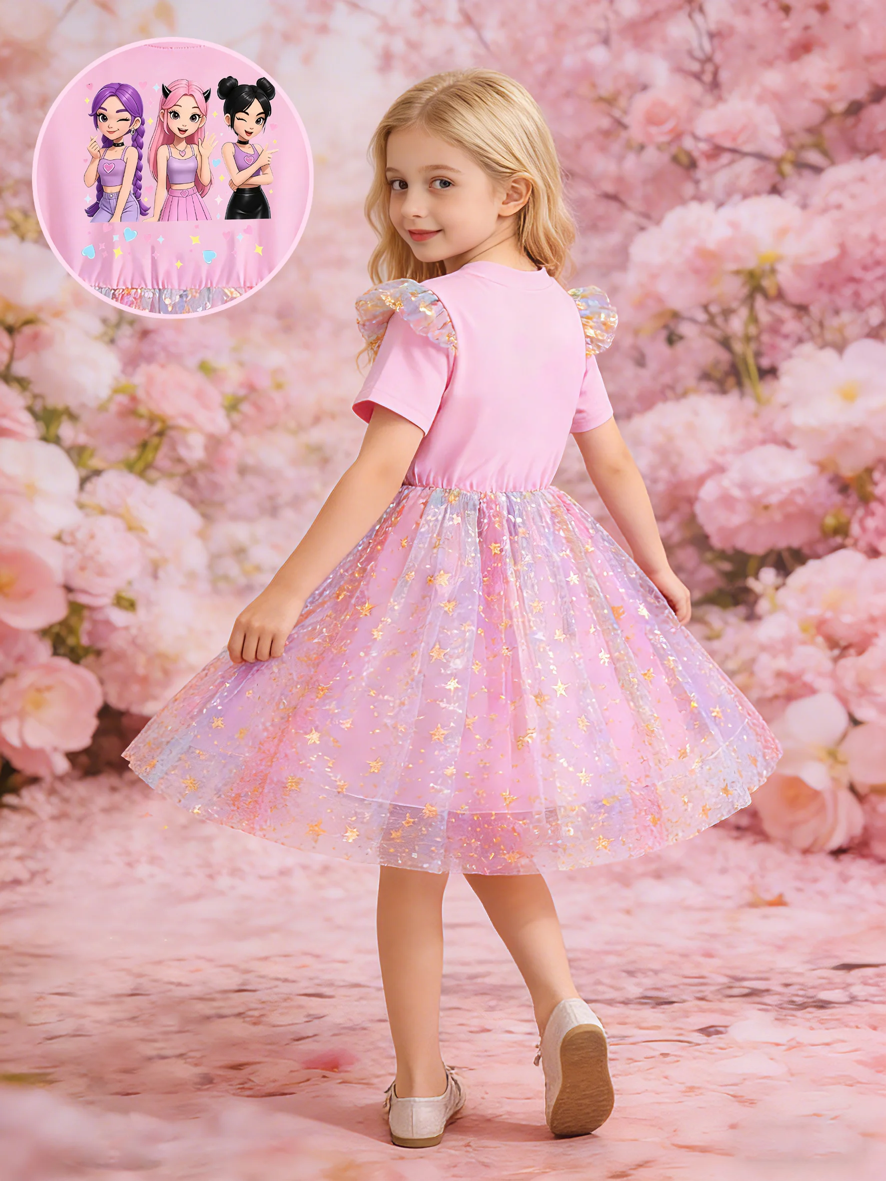 Mädchenkleid mit Cartoon-Girl-Group-Print und Farbverlauf-Flatterärmeln, Rosa Prinzessinnenkleid – Detail 3