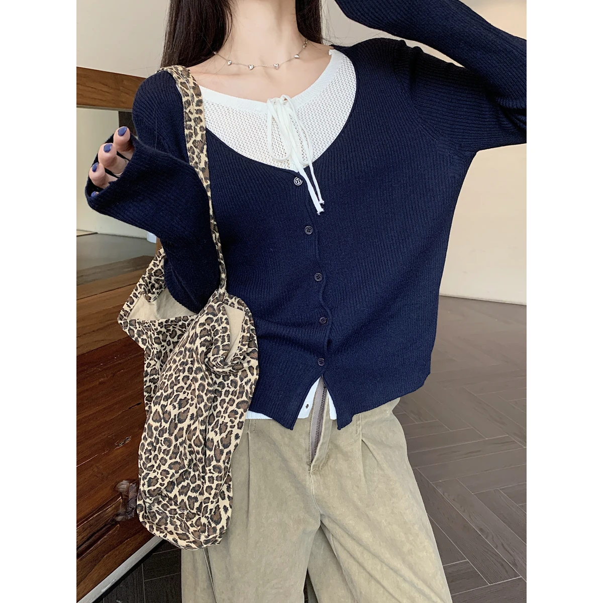 

Women Knit Shirt Korean Fake Two Piece Top Long Sleeve Lace Up Contrast Trim Base Layer Shirt Autumn Winter Fashion Casual Tops