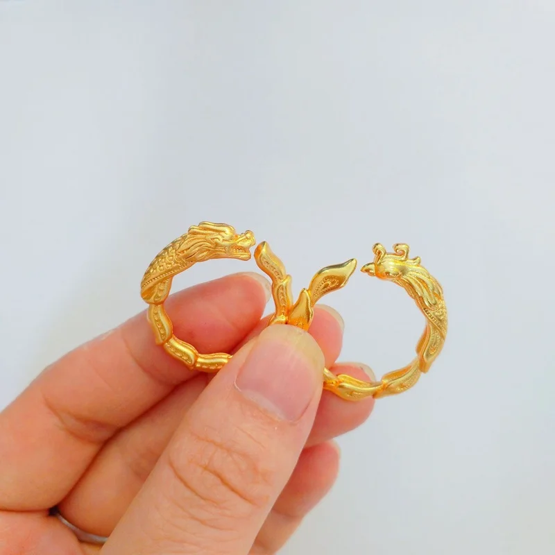 KISS&FLOWER Gold Dragon Phoenix Open Rings For Women Men Couple Lovers Wedding Party Birthday Christmas Bride Groom Gifts RI186