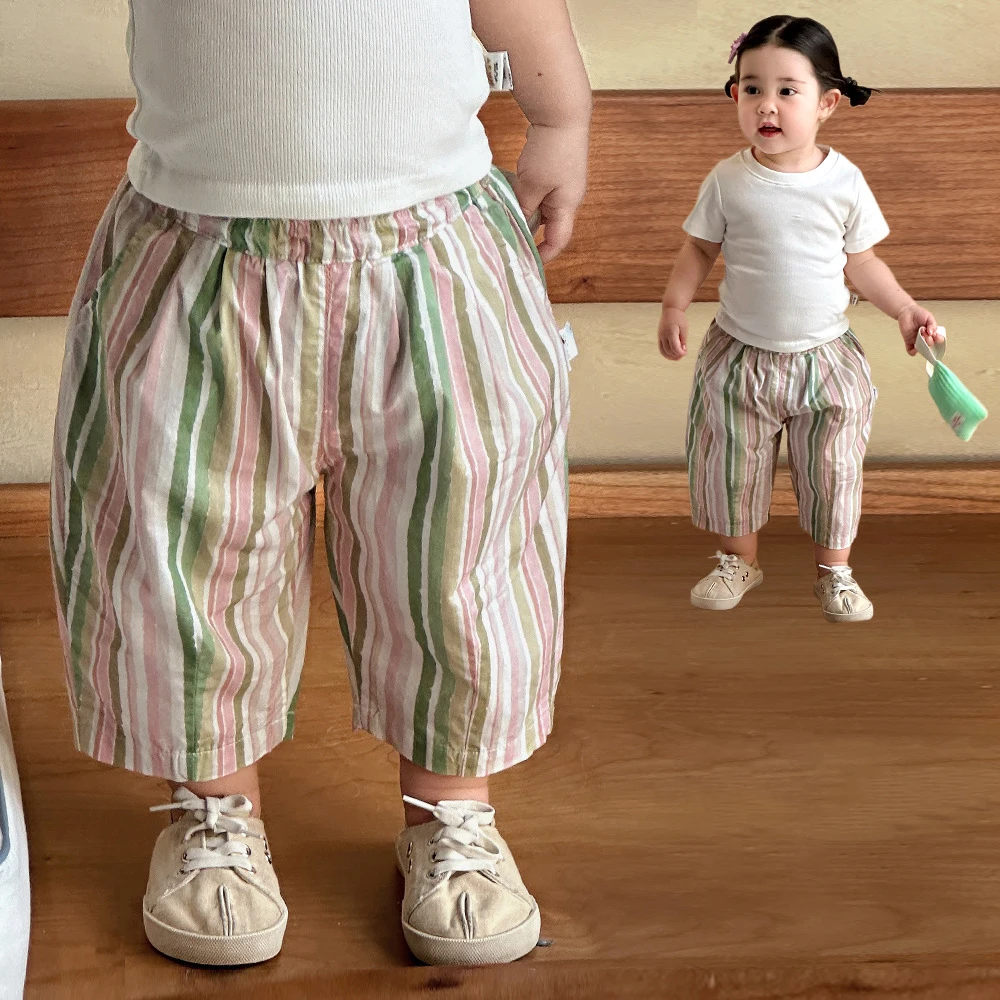 2026 New Summer Kids Wide-leg Pants 6M-5T Sweet Colorful Stripes Girls Casual Pants Cute Thin Loose Children Trousers
