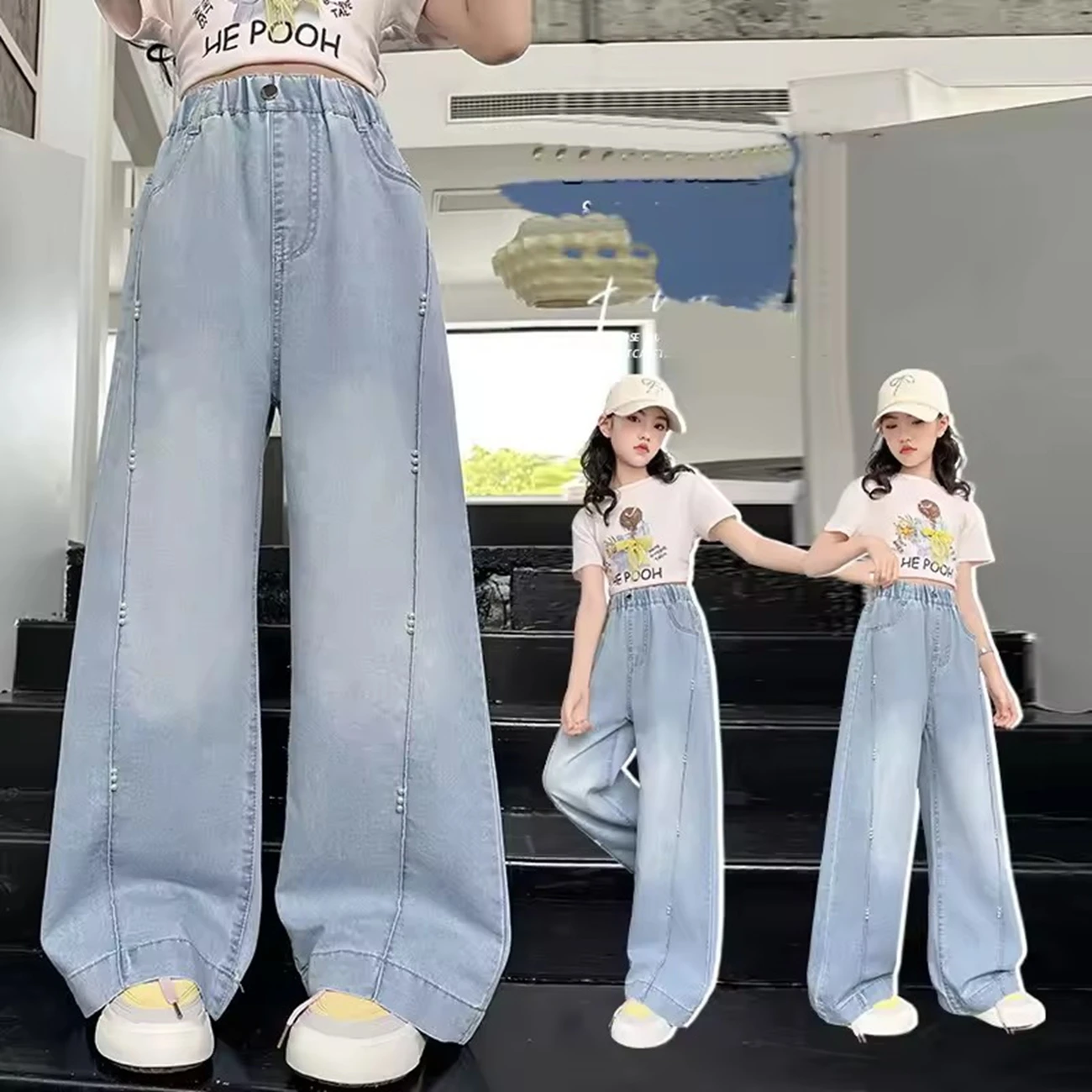 

Summer Light Blue Denim Jeans for Girls Kids Teenager Tween Elegant Side Pearl Embroidery High Waist Street Fashion Trousers