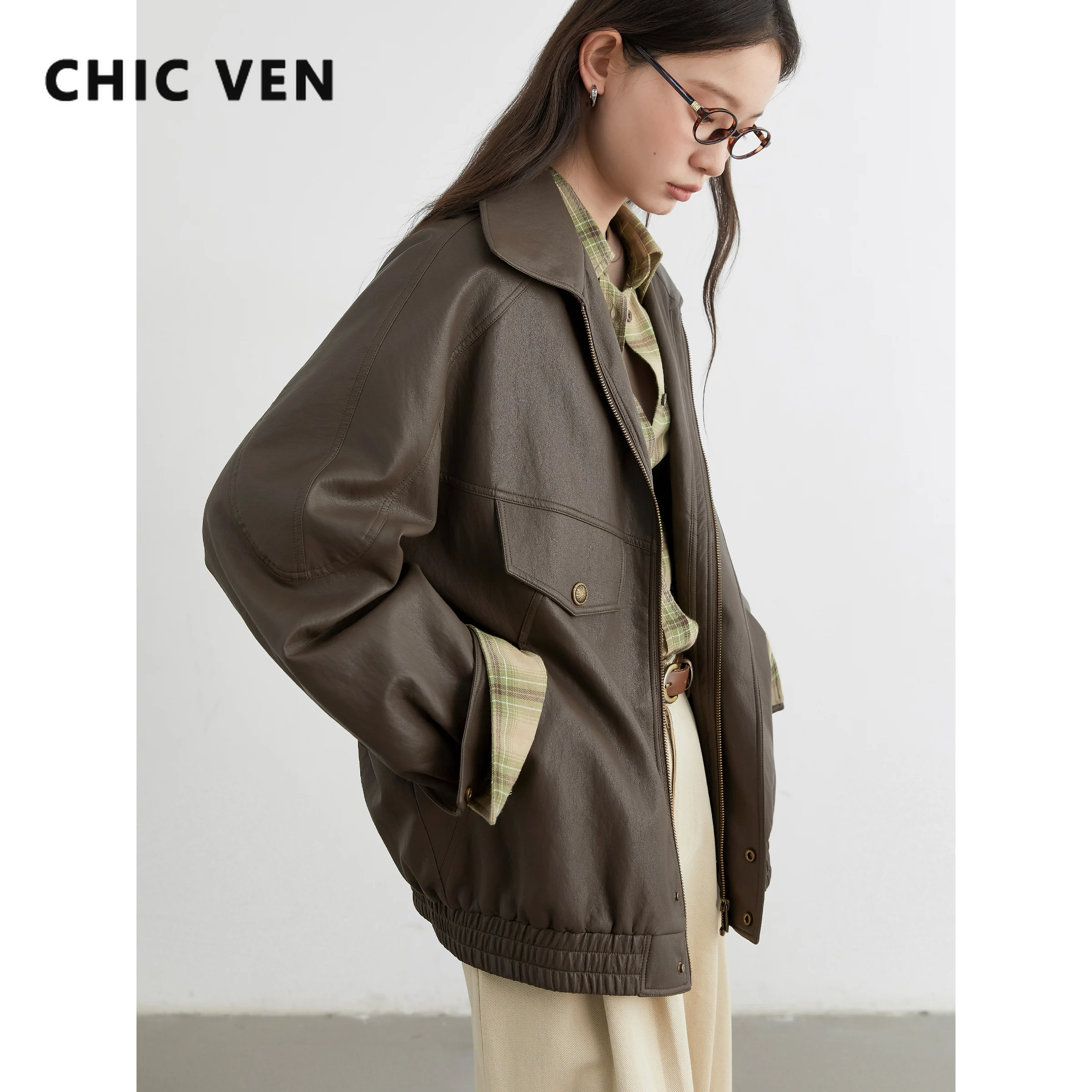 

CHIC VEN Fashion Women Faux Leather Jackets Casual Loose PU Leather Ladies Coats Motorcycle Streetwear Autumn Winter New 2025