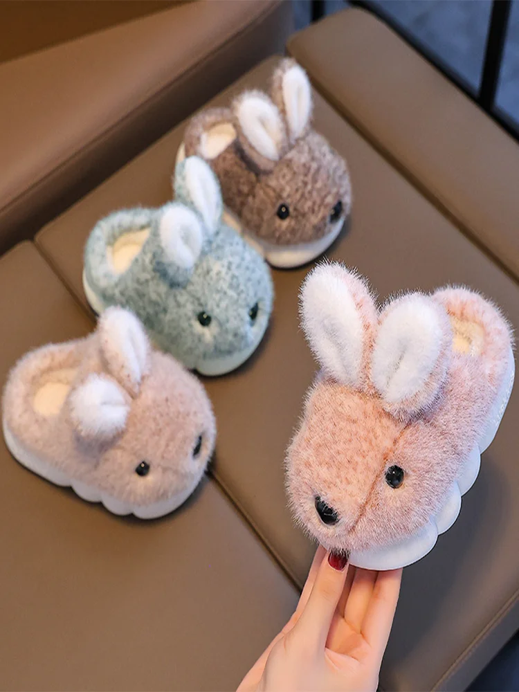 Chinelos peludos de inverno para meninos e meninas chinelos quentes de algodão de coelho peludo
