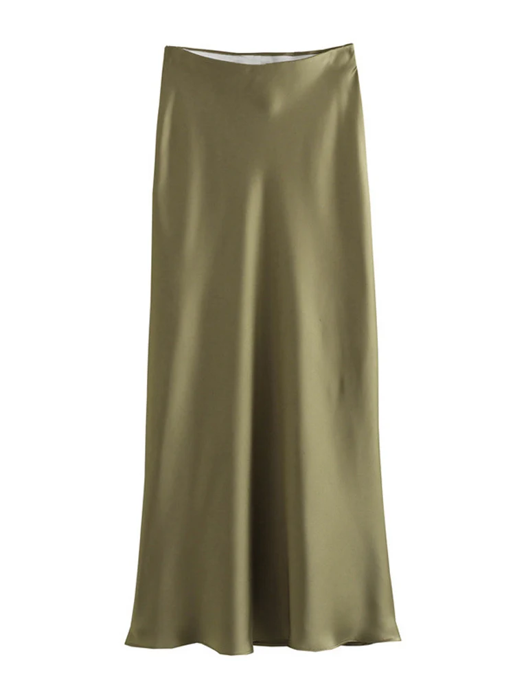 تنورة نسائية من الساتان الأسود لعام 2025 بخصر عالٍ تنانير طويلة أنيقة للنساء تنورة صيفية ميدي تنانير نسائية للمكتب