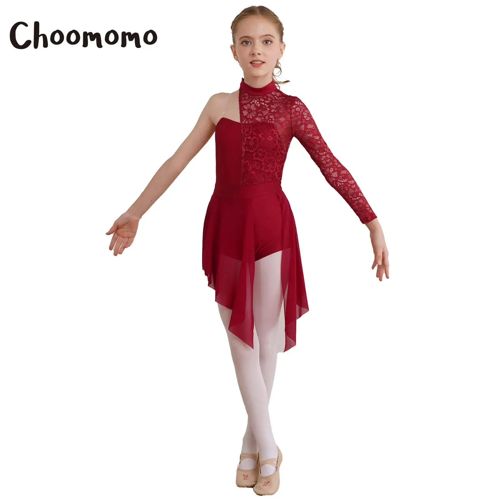 

Kids Girls Lyrical Dance Dress One Single Shoulder Asymmetrical Tulle Skirt Leotard Modern Contemporary Costume Dancewear