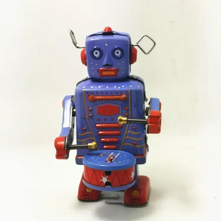 [Zabawna] Kolekcja Retro Mechaniczna Wind up Metalowy chodzący blaszany zespół Zagraj w gong bęben robot przywołujący Mechaniczna zabawka prezent świąteczny dla dzieci